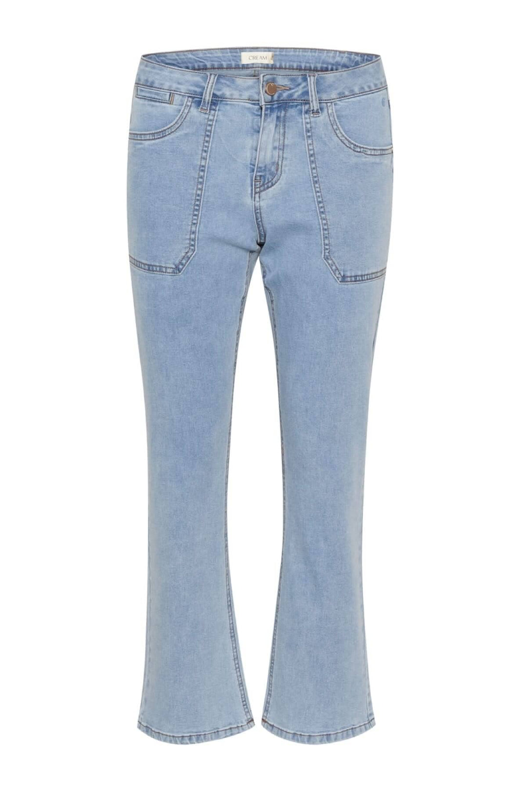 Jean bleu clair à coupe droite, taille régulière, longueur 7/8, idéal pour un look décontracté et féminin.
