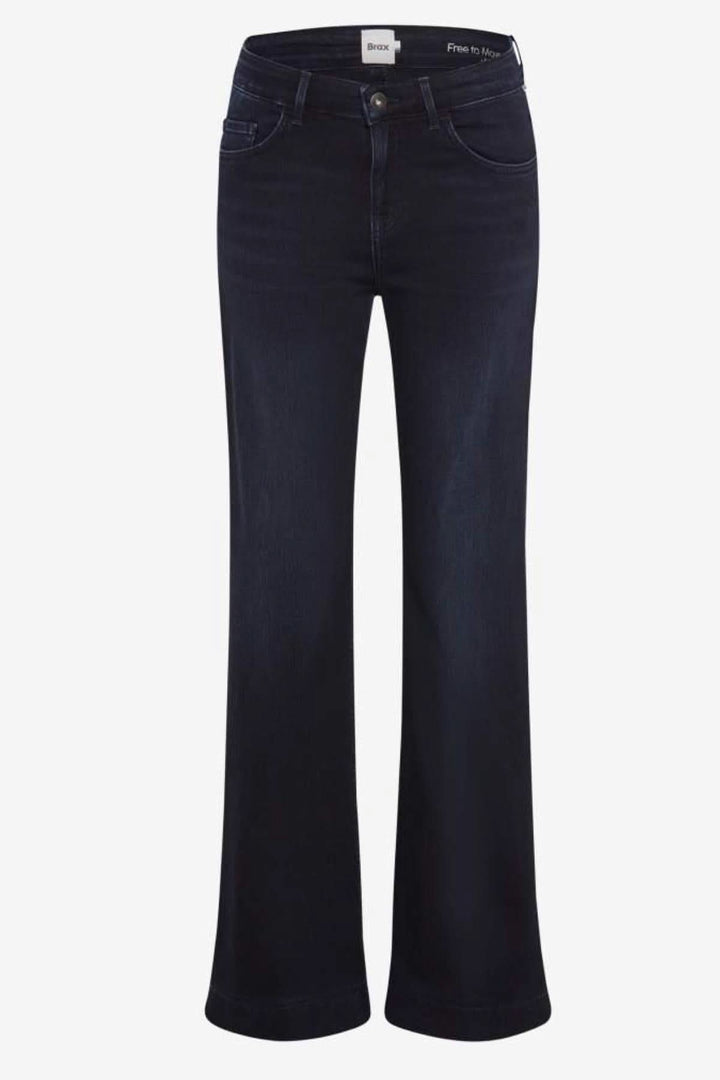 Jeans Shakira coupe évasée en denim bleu foncé, taille classique, 5 poches, look élégant et moderne.