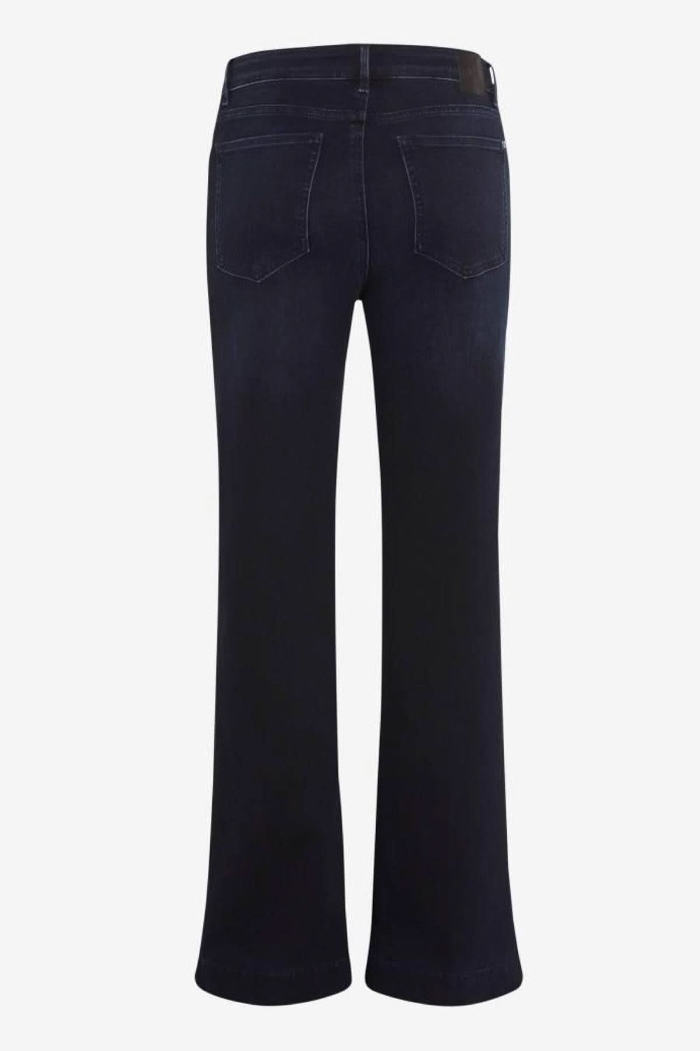 Jeans Shakira coupe évasée en denim bleu foncé, vue arrière avec coupe évasée élégante et taille classique pour un style chic et décontracté.