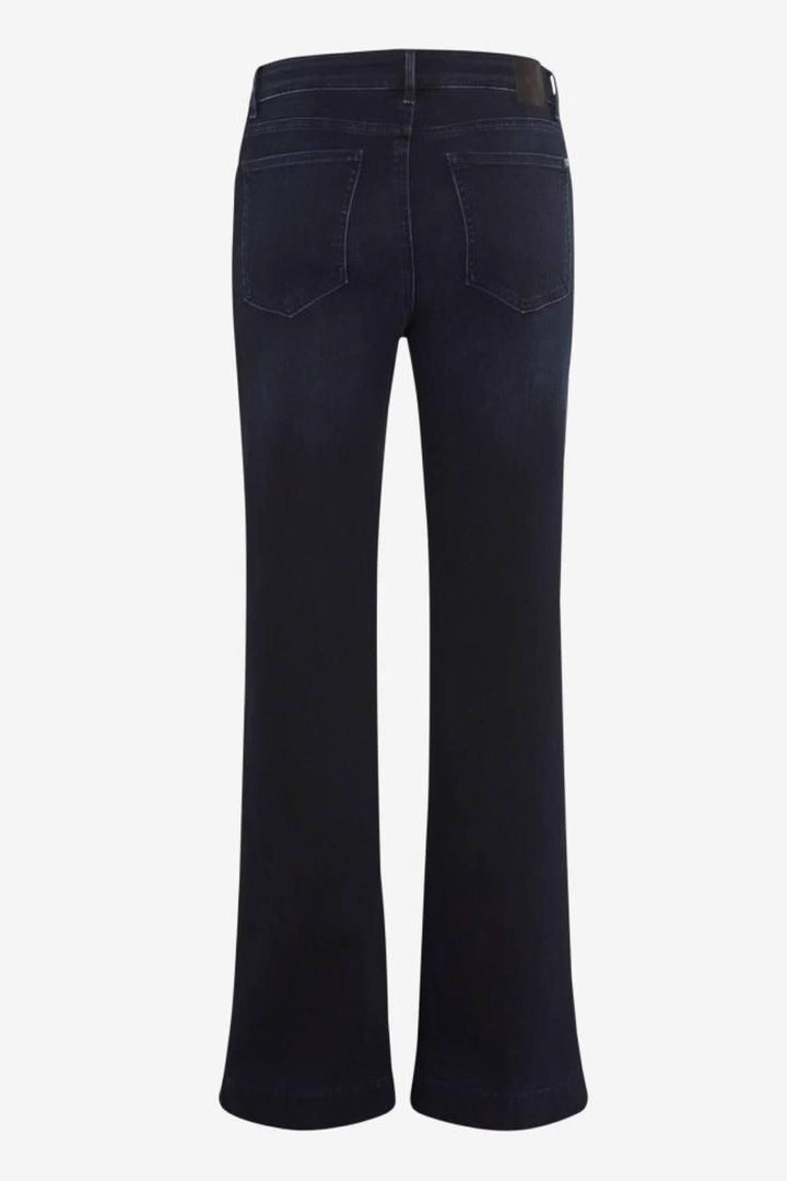 Jeans Shakira coupe évasée en denim bleu foncé, vue arrière avec coupe évasée élégante et taille classique pour un style chic et décontracté.