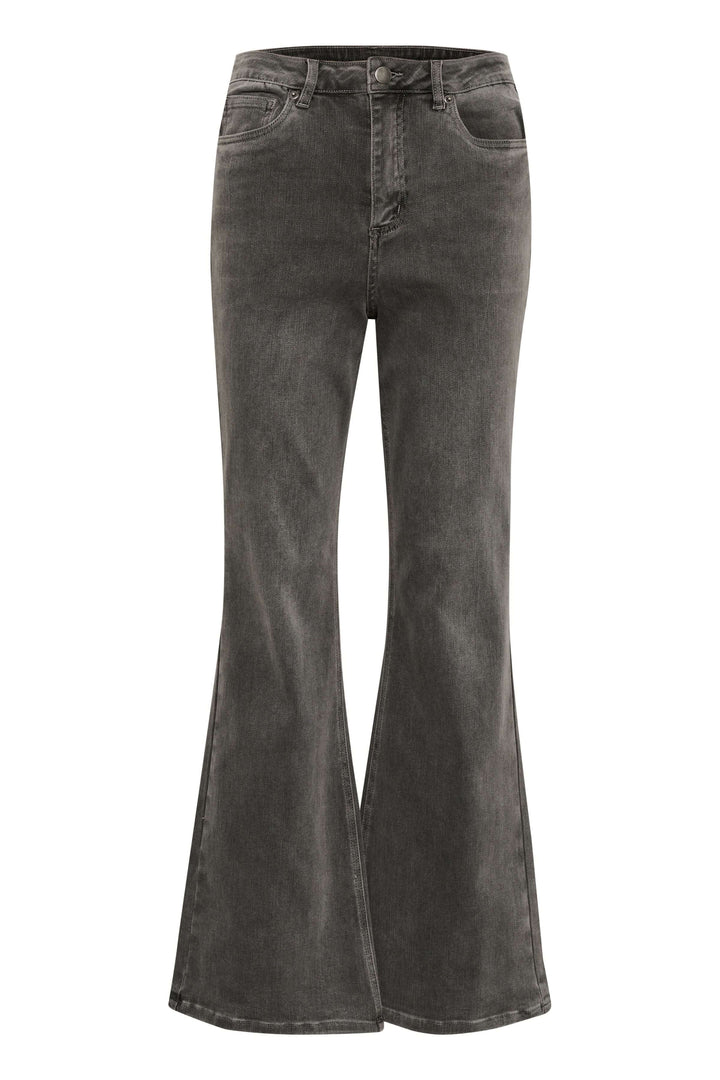 Jean évasé délavé, taille haute, cinq poches, style rétro revisité, parfait pour un look décontracté.