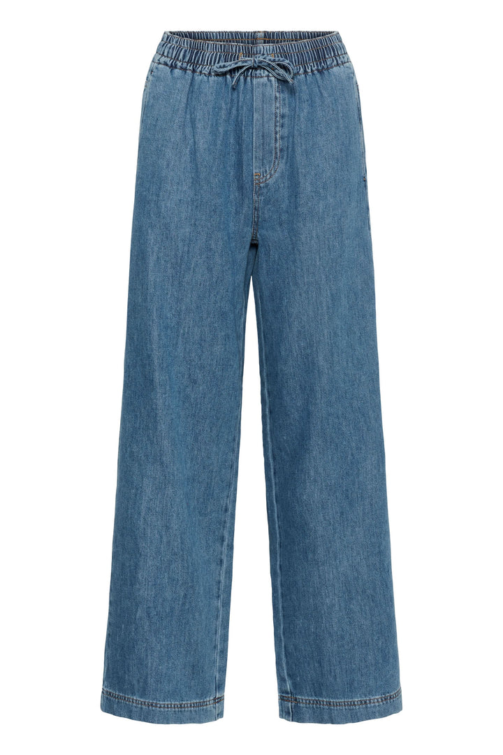 Jeans Sophina taille élastique jambe large en denim avec poches latérales et coupe décontractée pour un confort optimal.