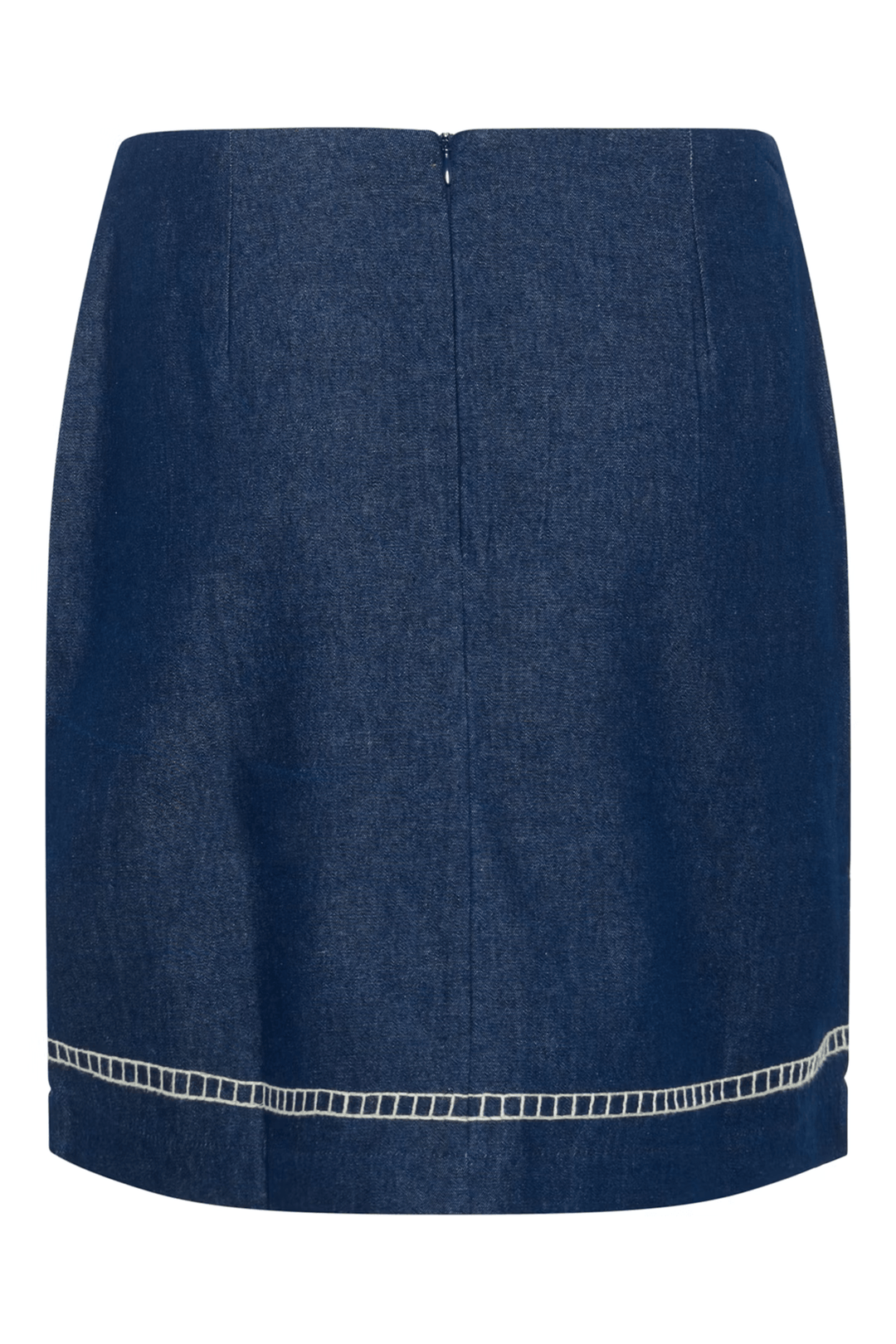 Jupe Gro en denim avec broderies florales, coupe droite au-dessus du genou, style bohème chic.