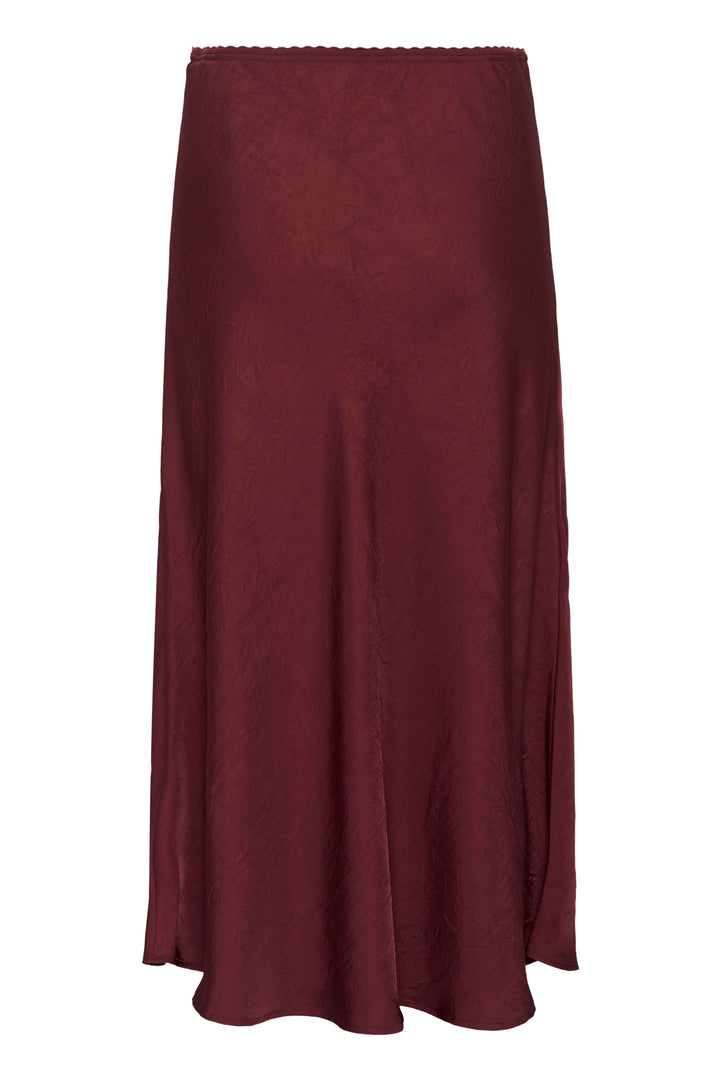 Jupe midi fluide bordeaux, coupe évasée et élégante, idéale pour le bureau ou les sorties.