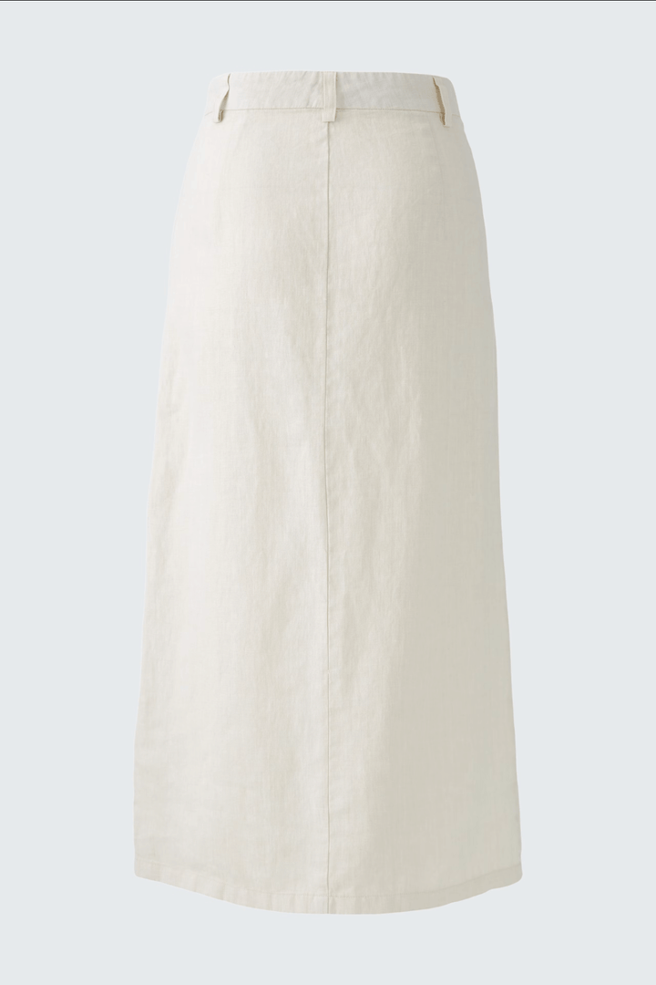 Jupe longue en lin beige avec poches, fente avant, style décontracté et élégant pour l&