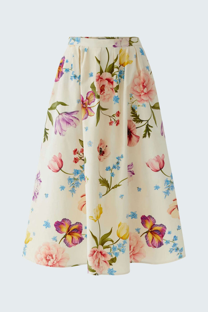 Jupe mi-longue imprimé de fleurs, jupe midi évasée à taille structurée avec motif floral délicat pour un look élégant et polyvalent.