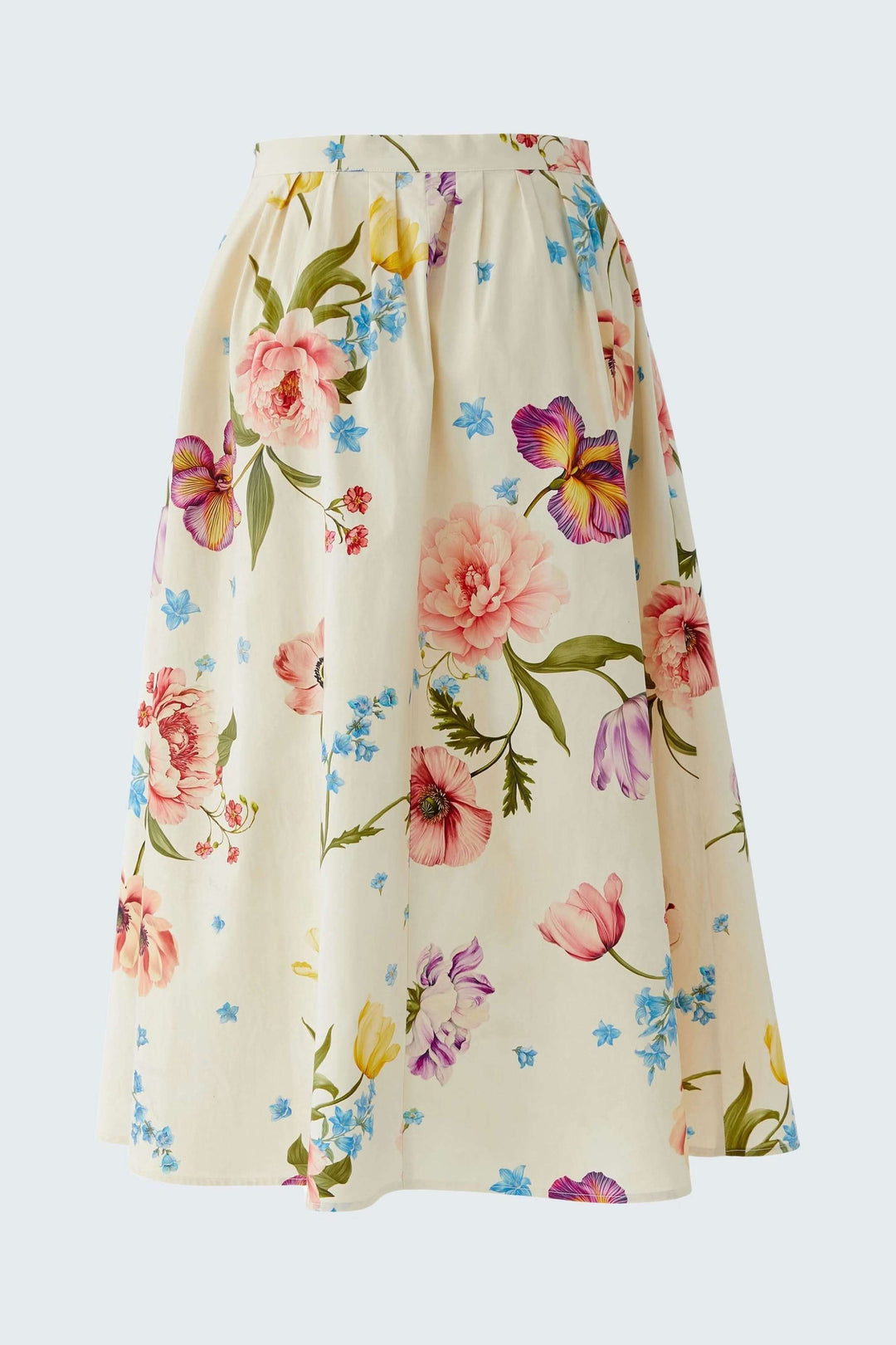 Jupe mi-longue imprimé de fleurs avec coupe évasée et taille structurée, idéale pour un look féminin et polyvalent.