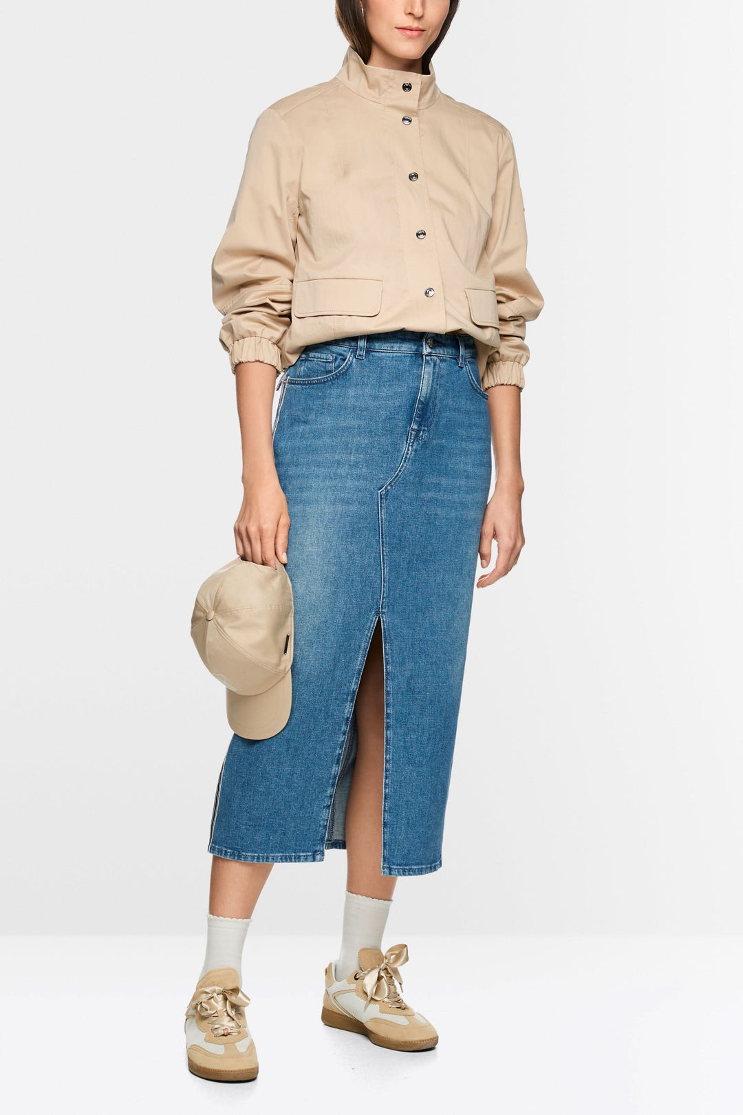 Jupe midi en jean à rayures latérales avec fente à l&