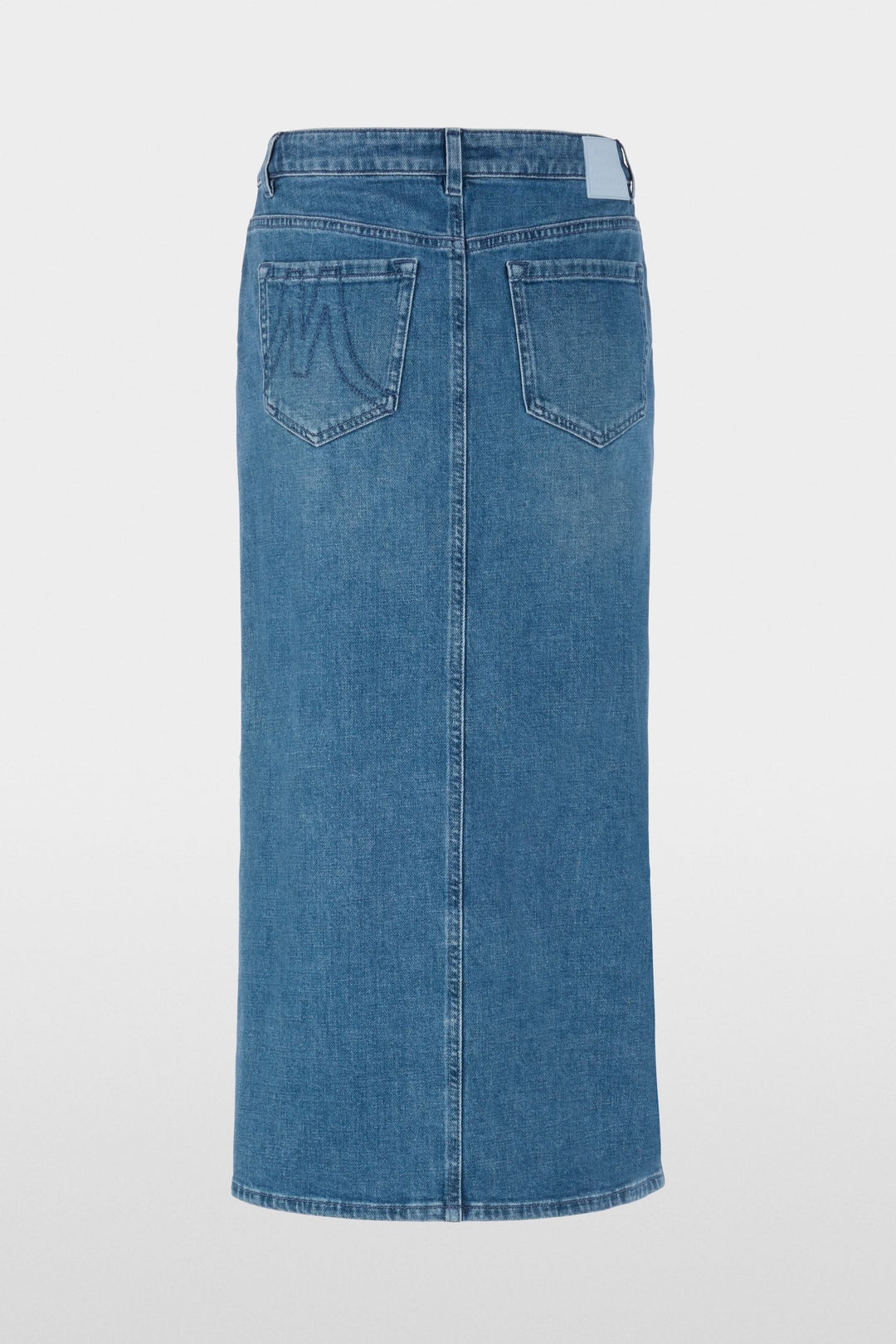 Jupe midi en jean à rayures latérales, coupe ajustée avec fente avant, idéale pour un style décontracté et soigné.