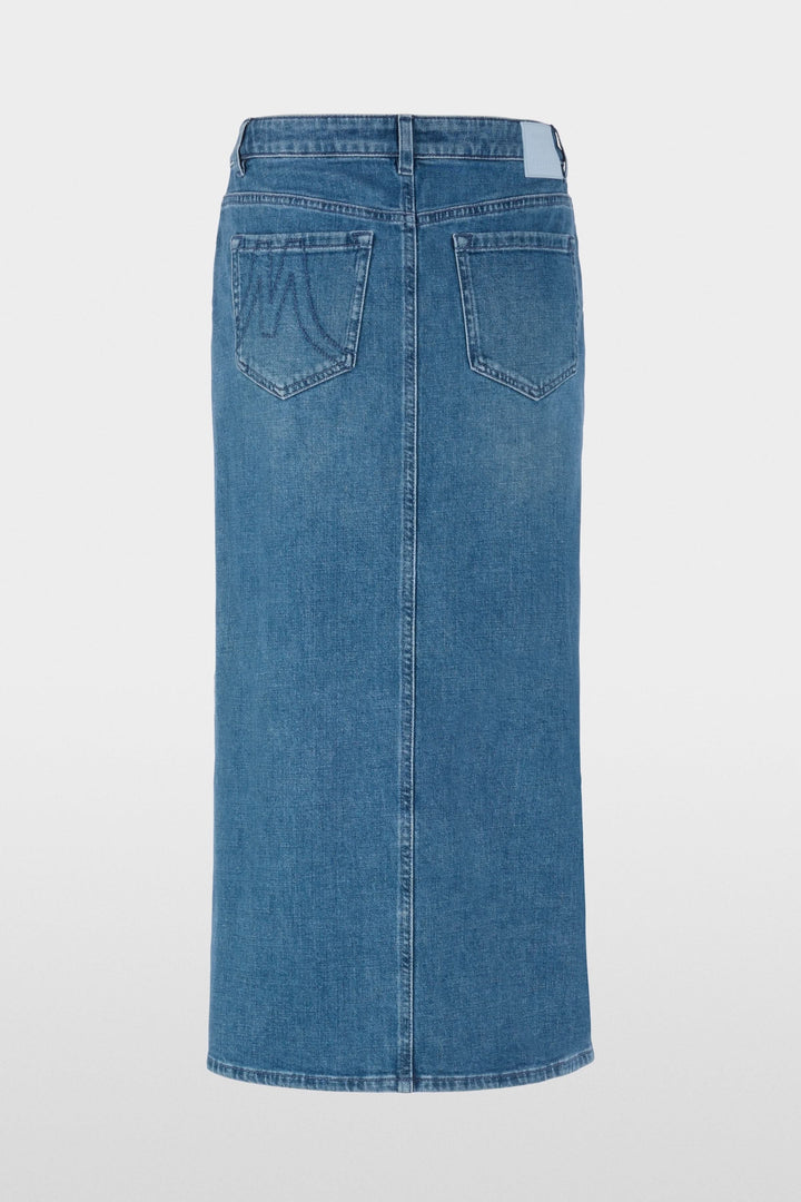 Jupe midi en jean à rayures latérales, coupe ajustée avec fente avant, idéale pour un style décontracté et soigné.