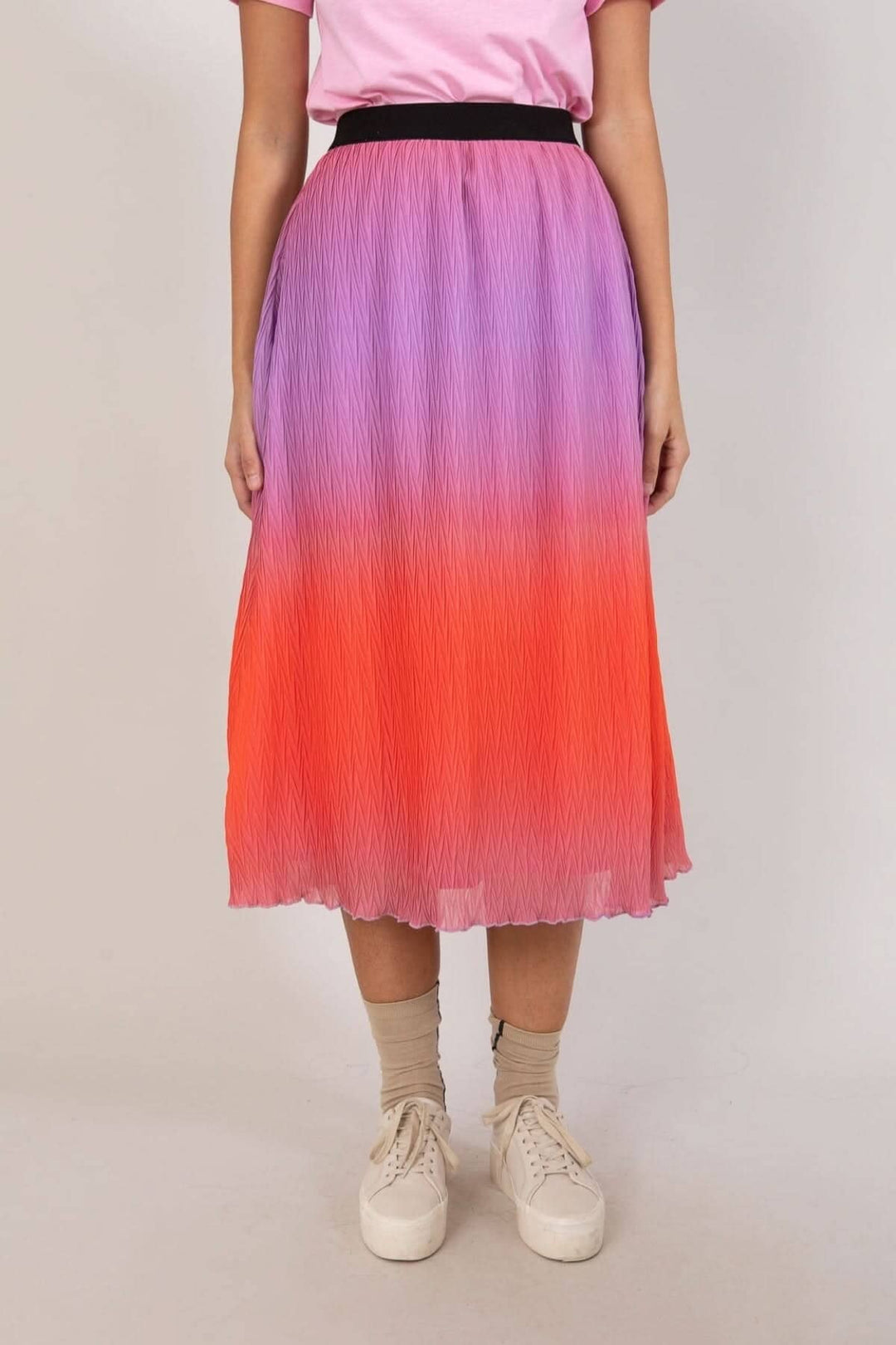 Jupe plissée dégradée en violet et rouge avec bande élastique, style décontracté, longueur jusqu&