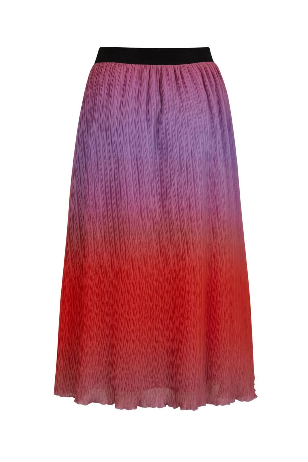 Jupe plissée dégradé avec nuances de rouge et violet, bande élastique noire, longueur jusqu&