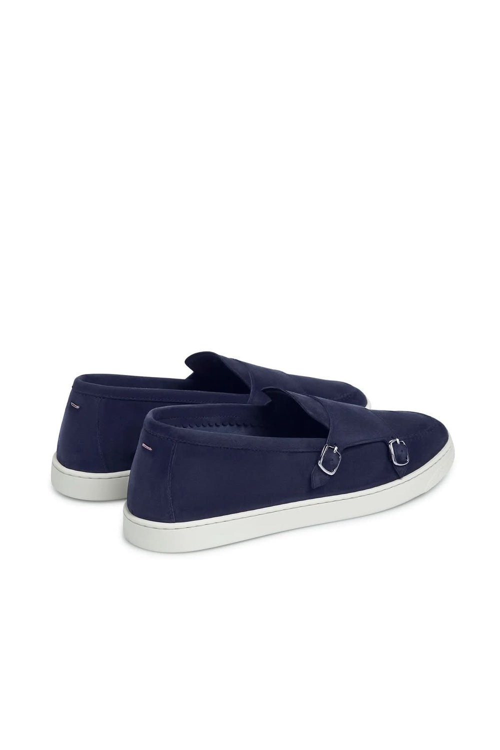 Loafer Monk Otto en suède bleu marine, silhouette moderne, confection italienne, semelle intérieure en mousse mémoire, style sophistiqué.