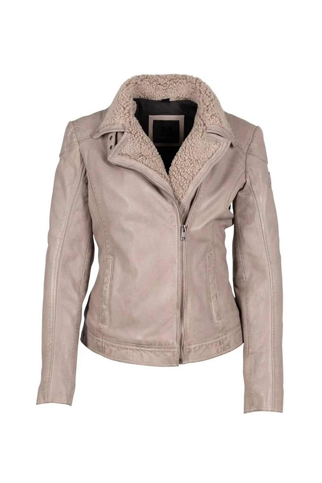 Manteau en cuir Jenja avec intérieur en peau de mouton, parfait pour temps froid et automnal.