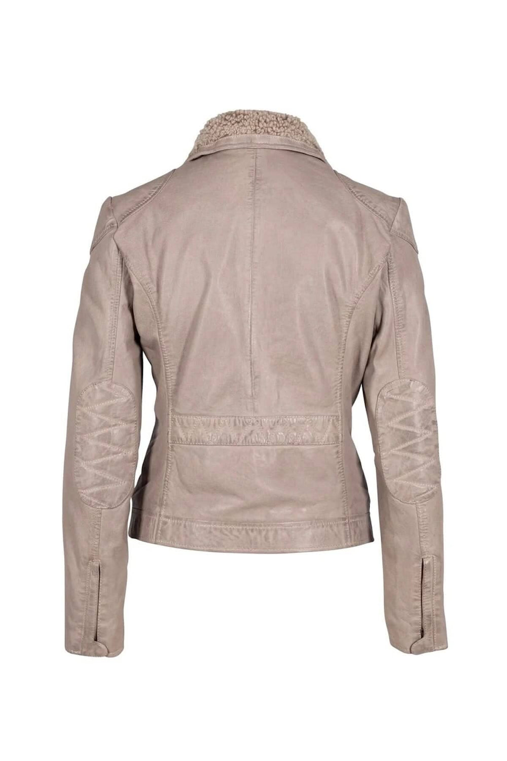 Manteau Jenja en cuir beige avec col en peau de mouton, vue arrière, parfait pour l'automne.