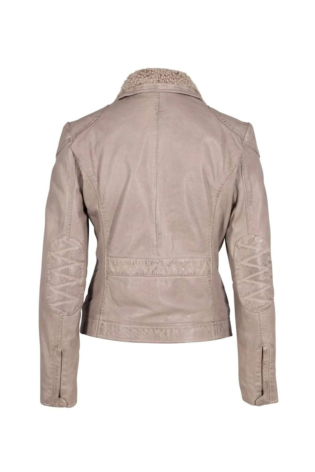 Manteau Jenja en cuir beige avec col en peau de mouton, vue arrière, parfait pour l'automne.