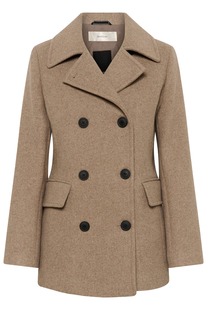 Manteau Perry croisé en laine beige à double boutonnage avec col à larges revers, style élégant et intemporel pour l&