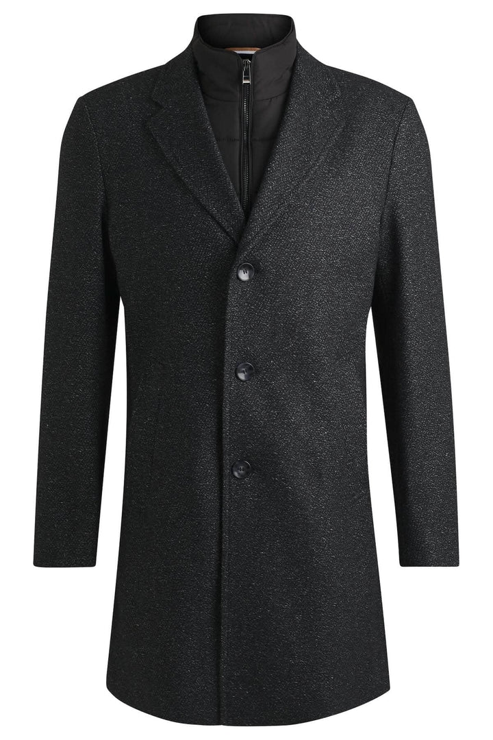 Manteau en tweed ajusté noir avec fermeture éclair intérieure détachable de BOSS.
