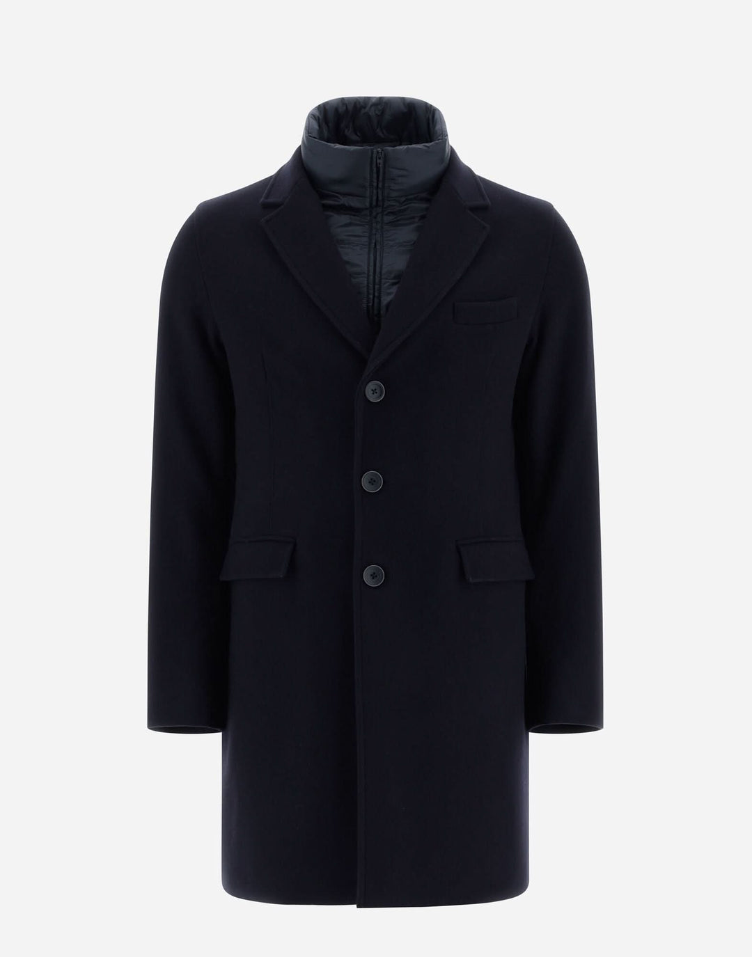 Manteau en laine Diagonal Herno, bleu, avec col matelassé et fermeture à trois boutons, coupe étroite.