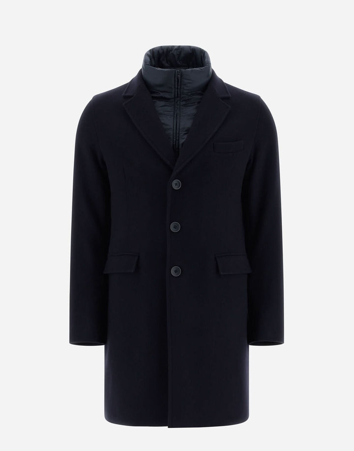 Manteau en laine Diagonal Herno, bleu, avec col matelassé et fermeture à trois boutons, coupe étroite.