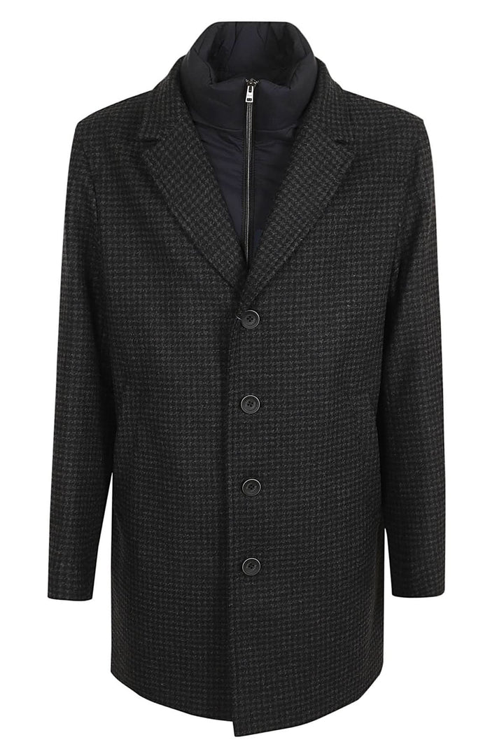 Manteau en laine pied-de-poule HERNO, coupe longue, col montant, doublure amovible pour chaleur élégante.
