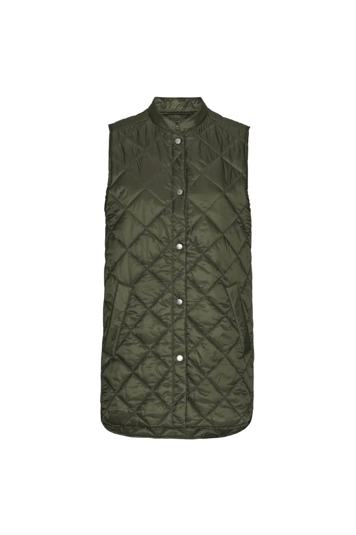 Gilet matelassé Pearl d'Ilse Jacobsen en vert olive, léger et rembourré, sans capuche.