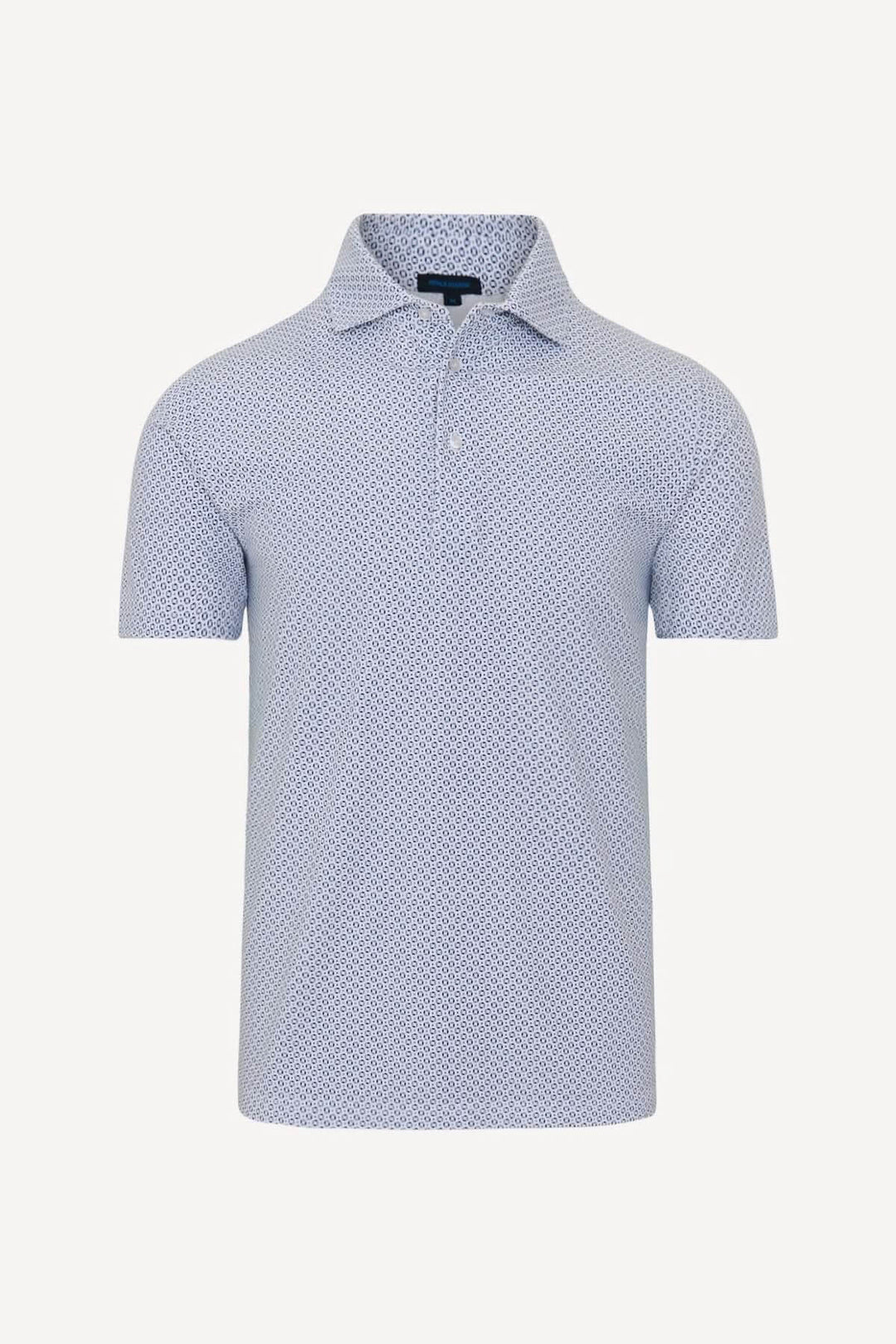 POLO IMPRIMÉ À MANCHES COURTES avec motif géométrique discret, tissu extensible léger, idéal pour un look élégant et confortable en été.