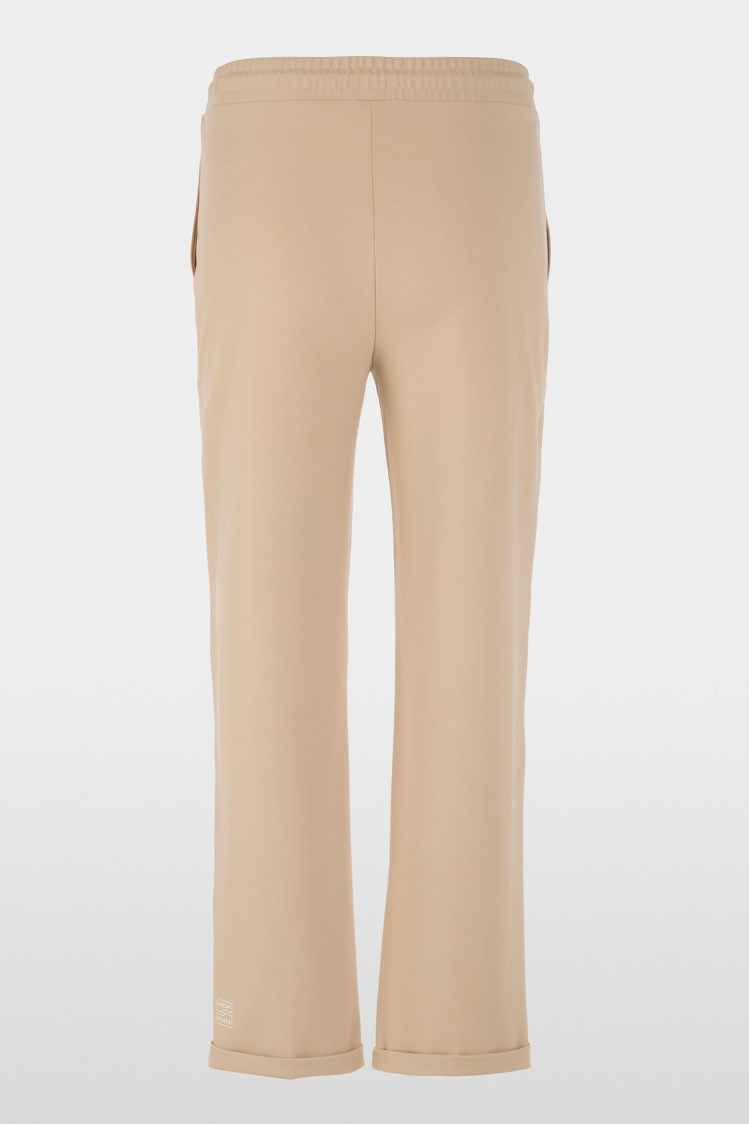Pantalon FRIA à enfiler en mélange de coton, jogger beige avec taille élastique et cordon ajustable, vue arrière.
