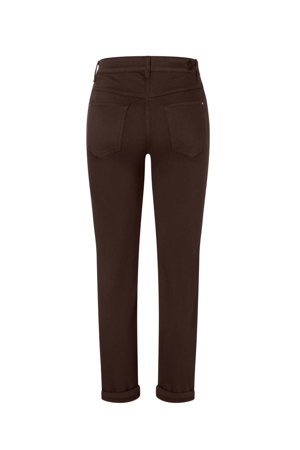 Pantalon coupe Dream en denim stretch marron, vue arrière, coupe ajustée et longueur raccourcie.