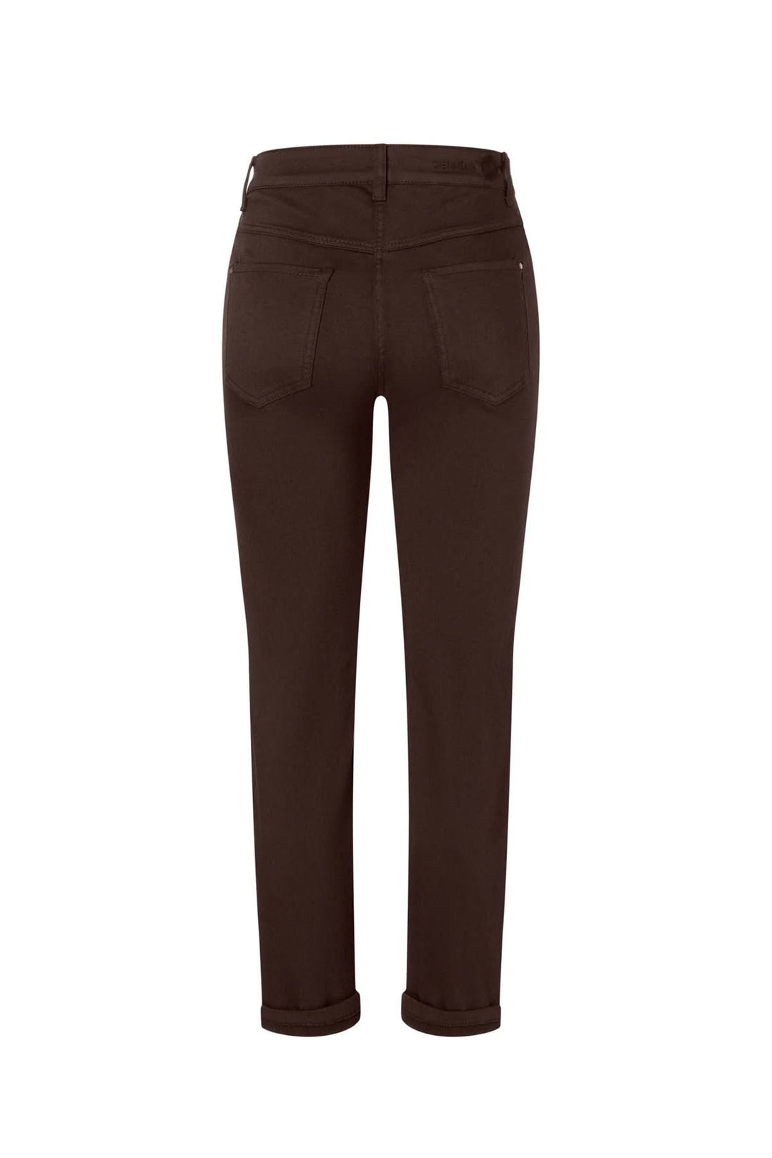 Pantalon coupe Dream en denim stretch marron, vue arrière, coupe ajustée et longueur raccourcie.