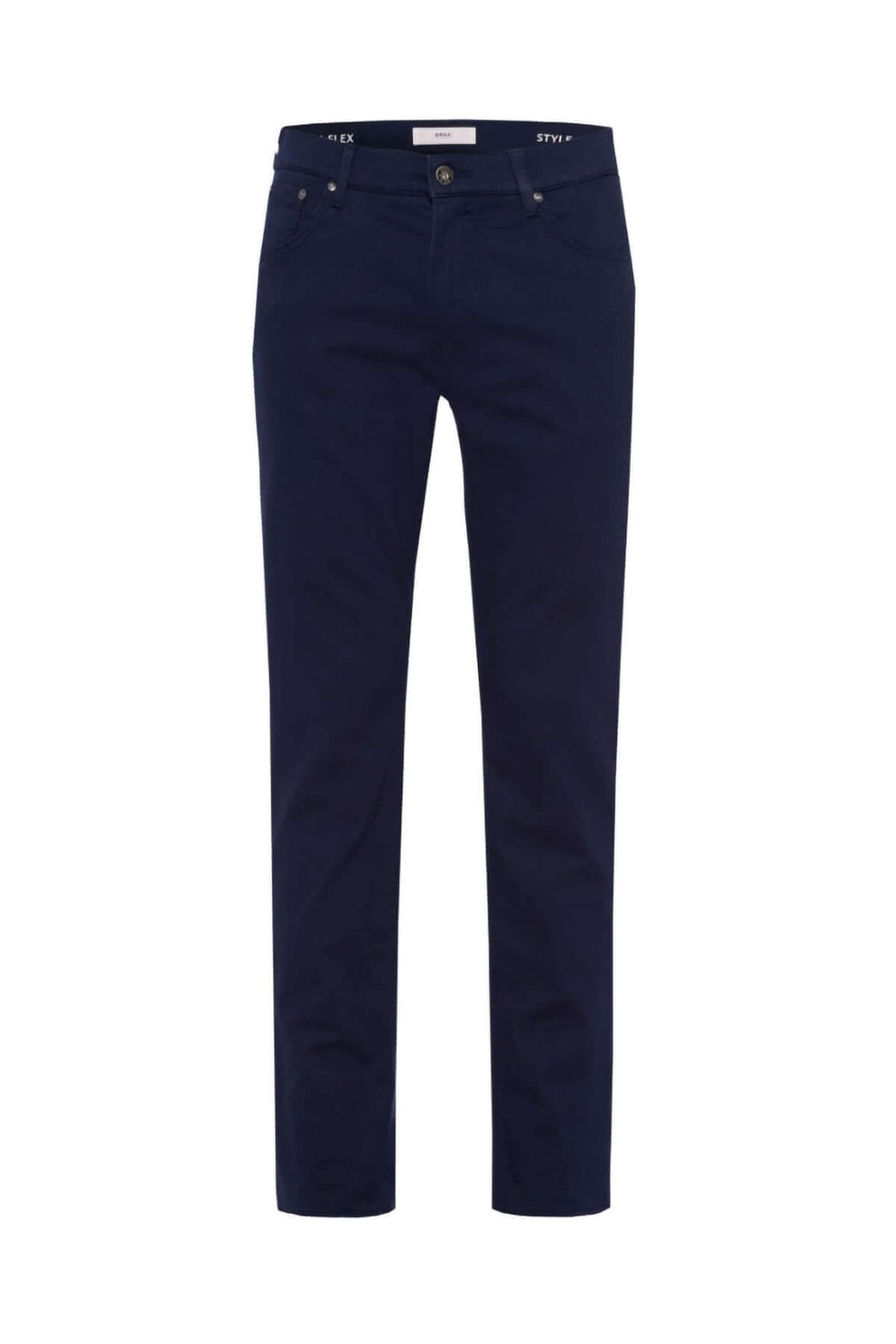 Pantalon décontracté à jambe droite, en tissu doux et extensible, couleur bleu marine, avec taille élastique et poches latérales.