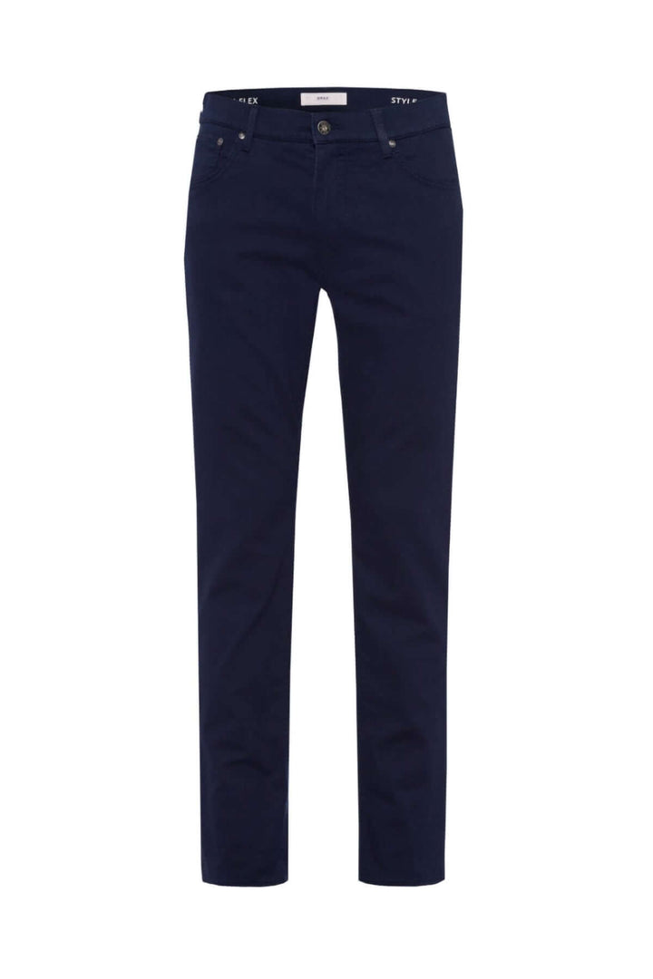 Pantalon décontracté à jambe droite, en tissu doux et extensible, couleur bleu marine, avec taille élastique et poches latérales.