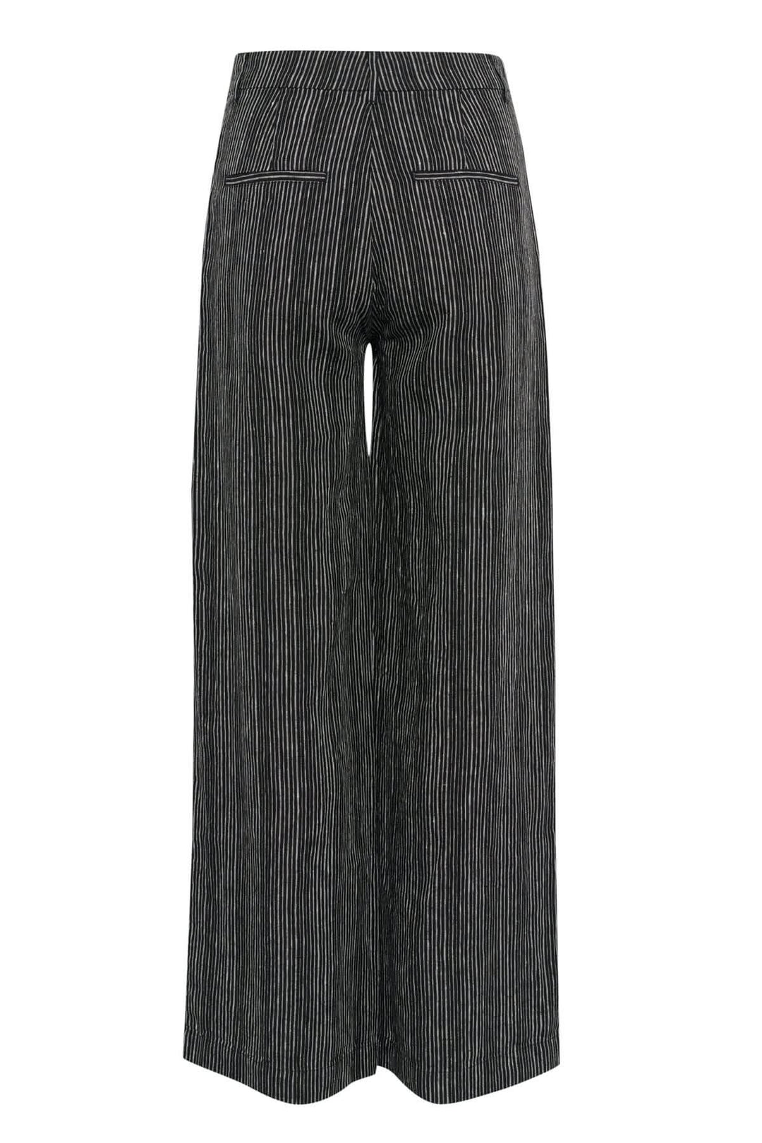 Pantalon de lin Solina, taille haute, jambe large, rayures, poches latérales, style décontracté et élégant.