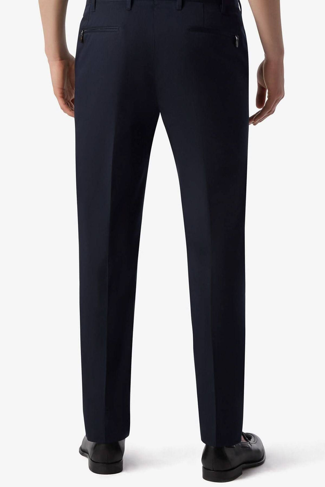 Pantalon habillé en coton extensible, coupe contemporaine, vue arrière, couleur bleu marine.