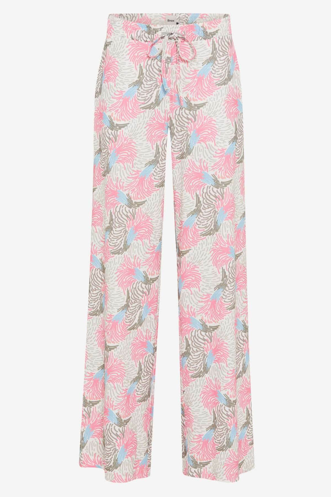 Pantalon imprimé MAINE avec motif tropical en rose, bleu clair et verts, ample et fluide pour un style décontracté.