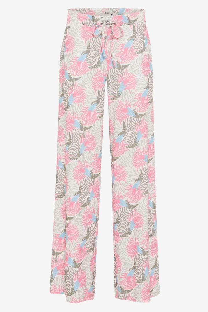 Pantalon imprimé MAINE avec motif tropical en rose, bleu clair et verts, ample et fluide pour un style décontracté.