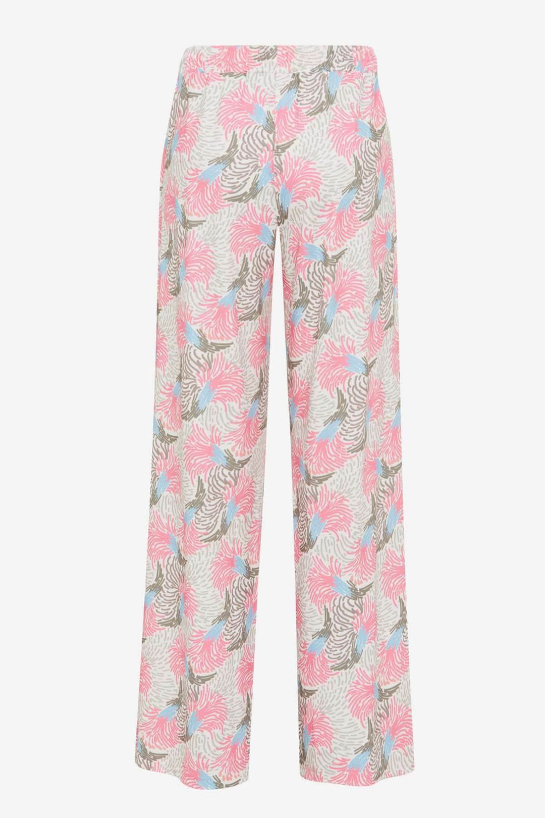 Pantalon imprimé MAINE avec motif tropical, coupe ample et confortable en tons roses, bleu clair et vert.