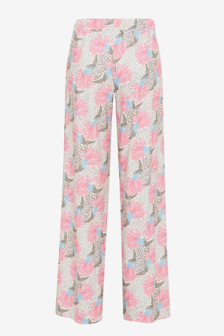 Pantalon imprimé MAINE avec motif tropical, coupe ample et confortable en tons roses, bleu clair et vert.