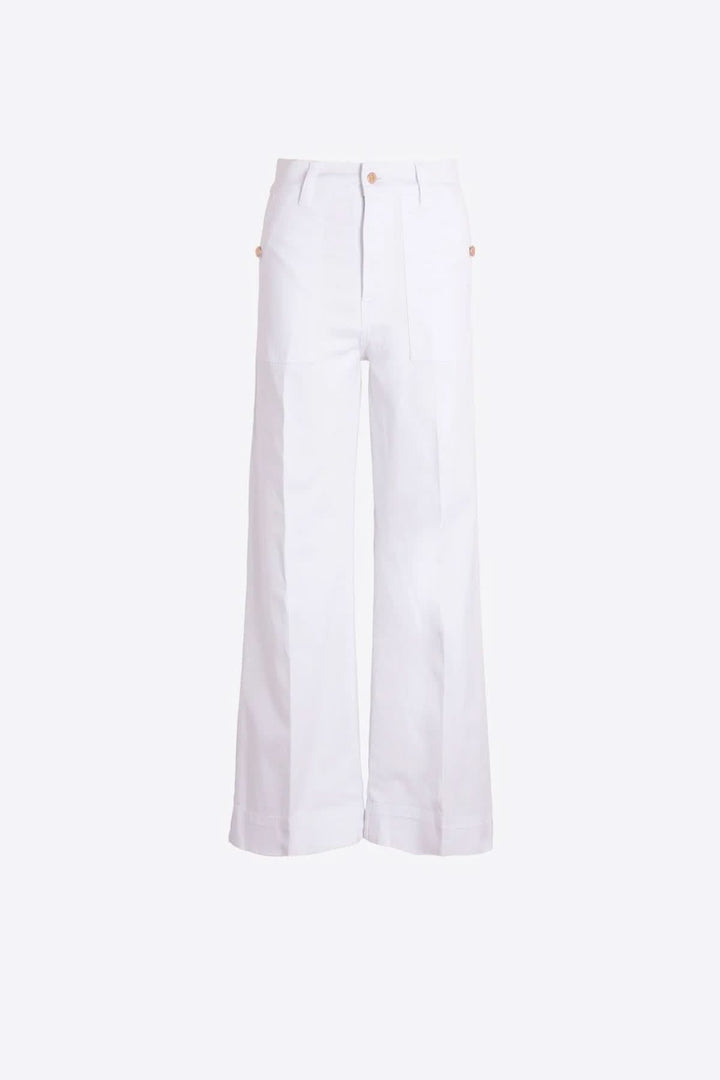 Pantalon jambe large blanc avec taille haute, coupe fluide et allure élégante, parfait pour tenues professionnelles et estivales.