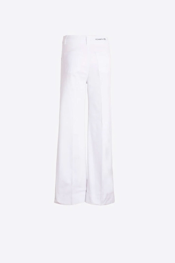 Pantalon jambe large blanc à taille haute, coupe fluide. Élégant et moderne, idéal pour tenues professionnelles et estivales.