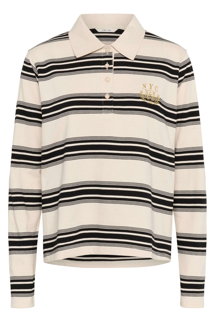 Polo Carmell à rayures noires et blanches avec col classique et broderie sur la poitrine, style élégance décontractée chic.