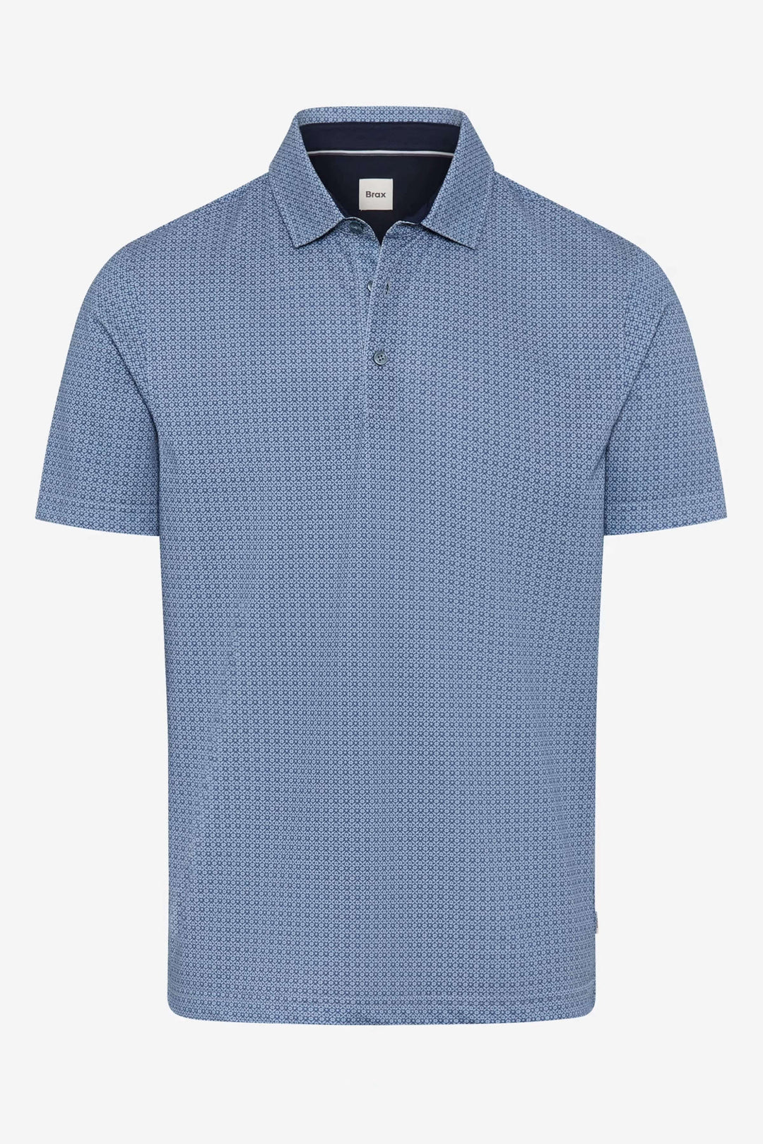 Polo bleu à manches courtes avec micro-motif géométrique, idéal pour un look décontracté chic.
