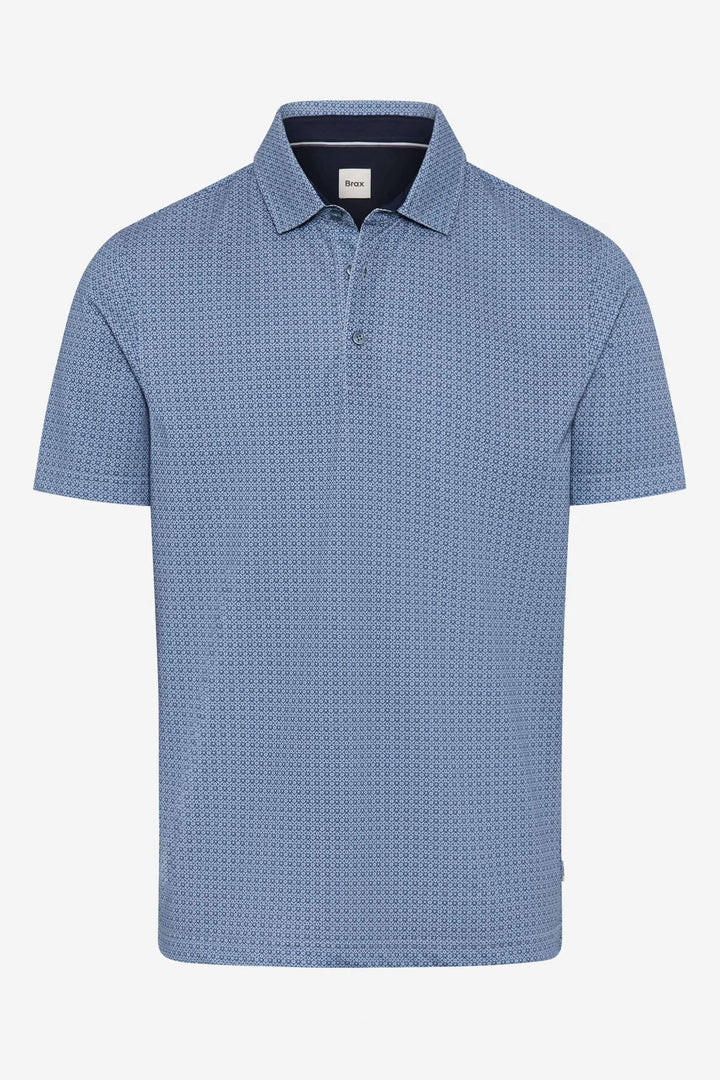 Polo bleu à manches courtes avec micro-motif géométrique, idéal pour un look décontracté chic.