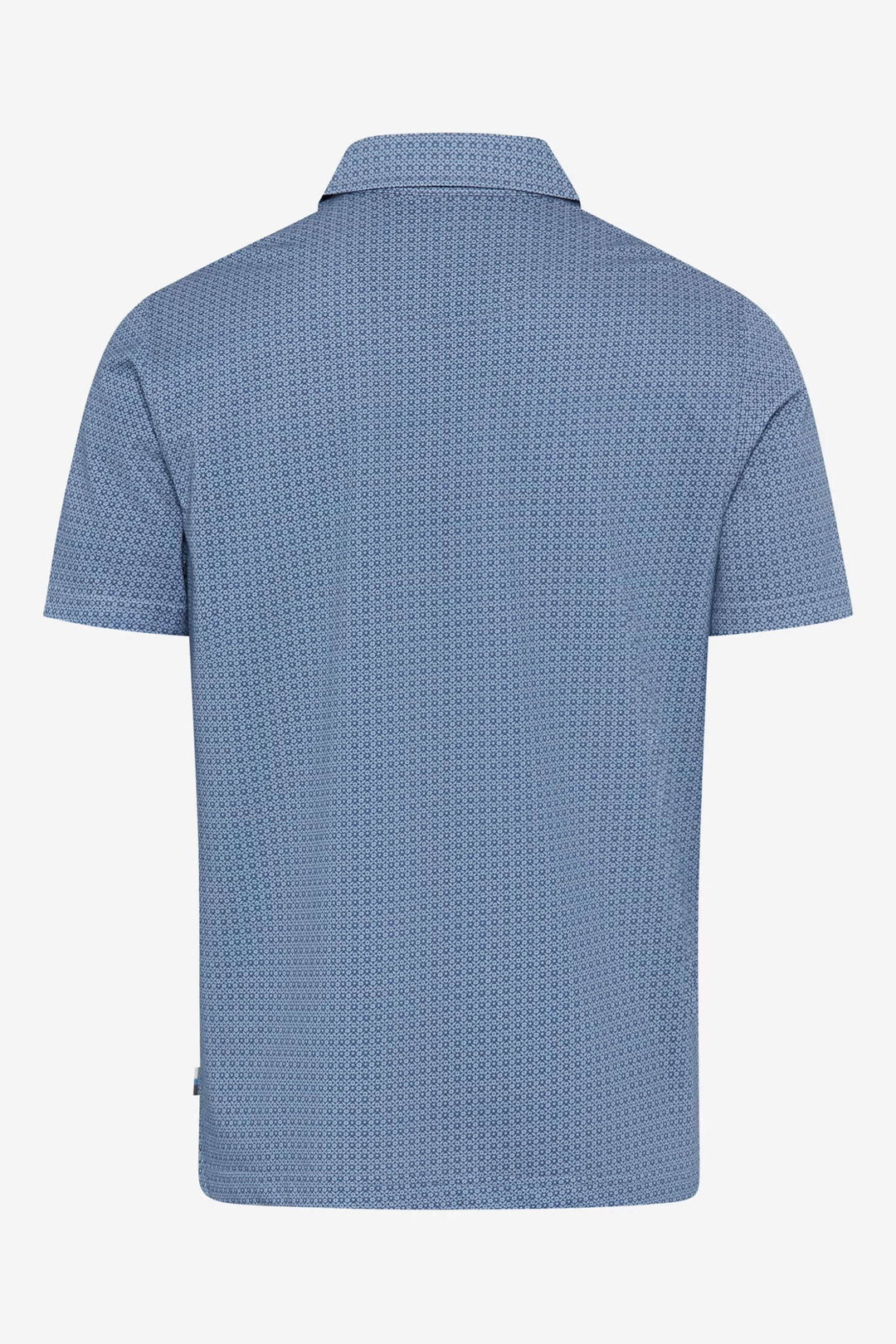 Polo à manches courtes bleu, avec un micro-motif géométrique, vue de dos, idéale pour un look décontracté chic.
