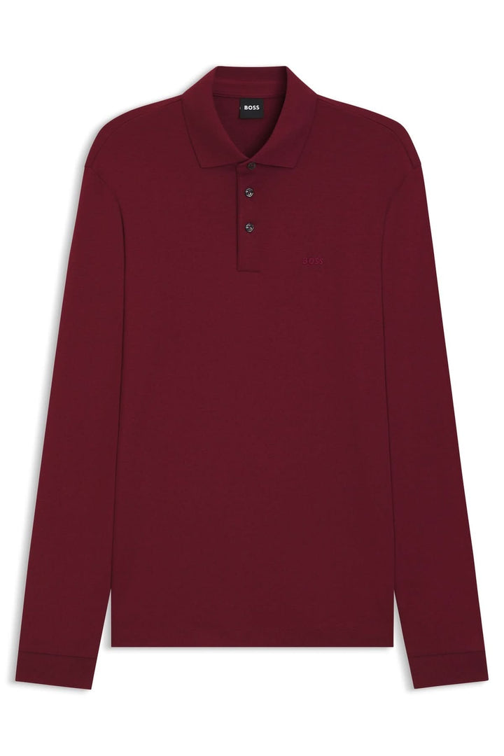 Polo manches longues Pado en coton interlock rouge bordeaux élégant pour homme avec col plat et boutons, par BOSS.