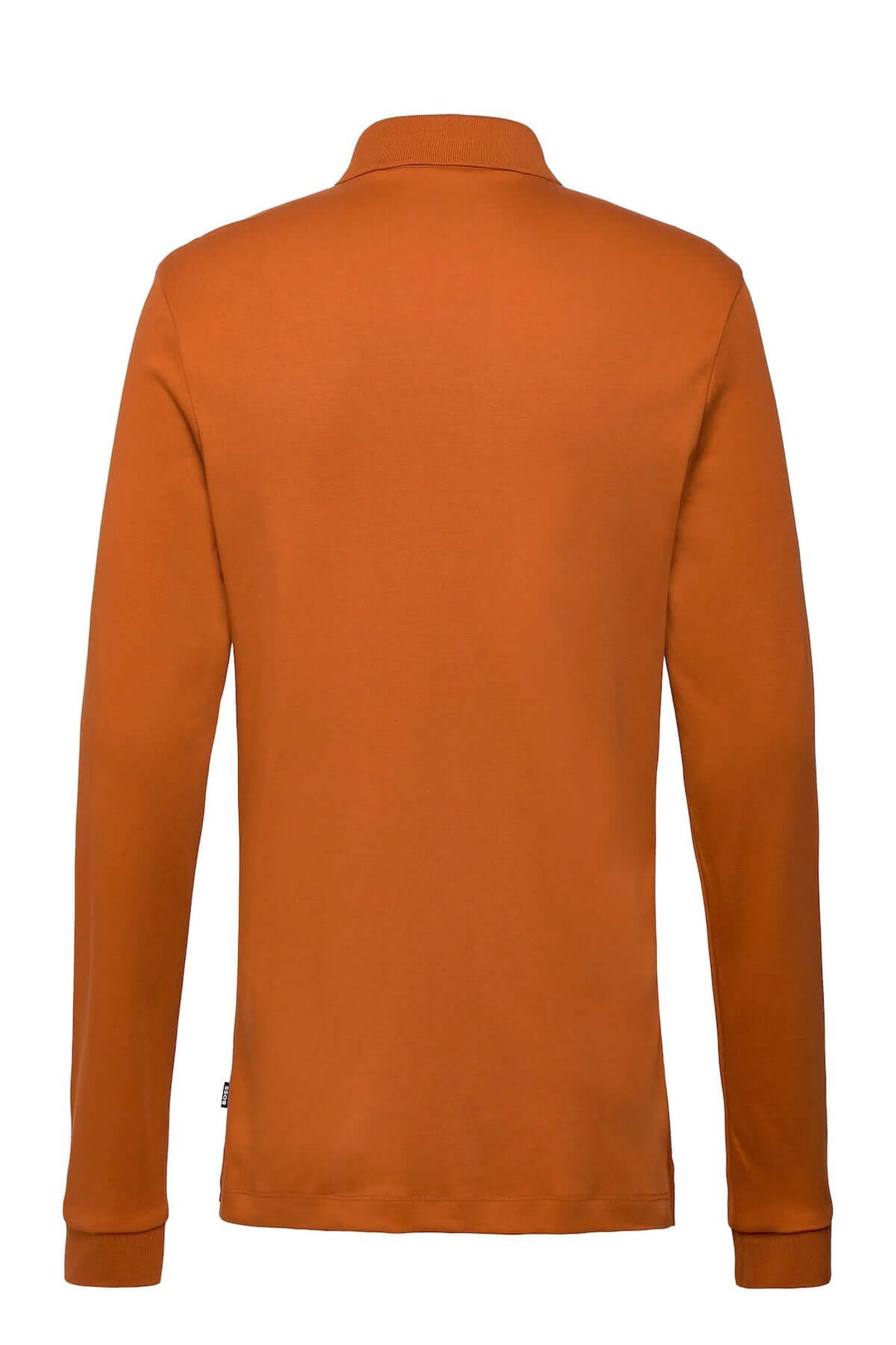 Polo manches longues Pado, vue arrière, couleur orange, col plat, style élégant décontracté BOSS, en coton interlock doux et dense