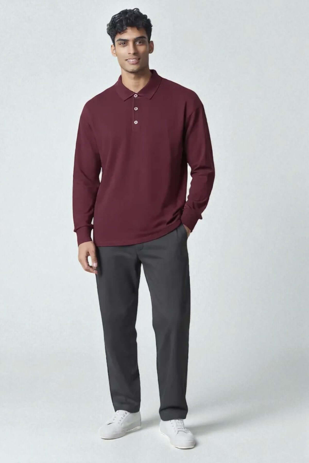 Long-sleeved polo shirt in merino wool and silk