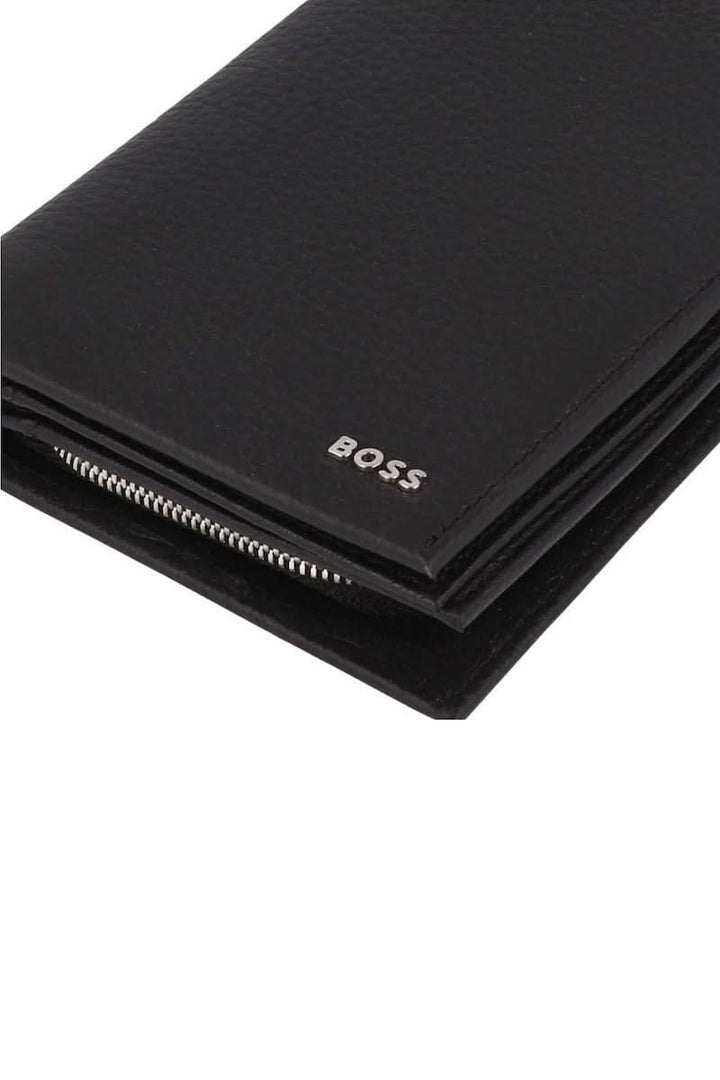 Portefeuille en cuir grainé noir avec logo métallique discret, élégant et fonctionnel pour l'homme moderne