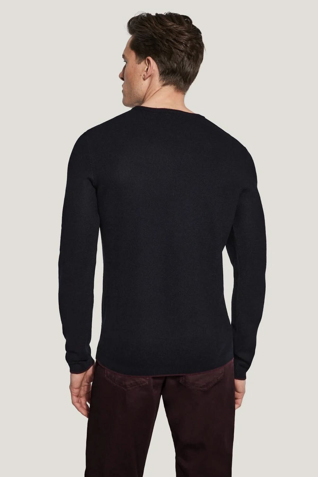 Homme portant le Pull col ras du cou Belvedere en laine, vue de dos, soulignant la coupe soignée et le design élégant en laine pure.