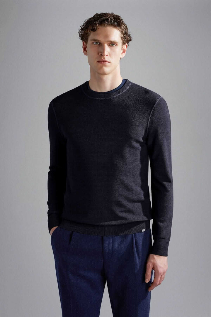 Pull en laine mérinos Paul &amp; Shark pour homme, col rond classique, coupe élégante en noir.